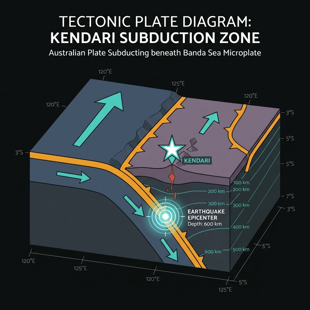 Tectonic diagram showing the Australian Plate subducting beneath the Banda Sea microplate near Kendari