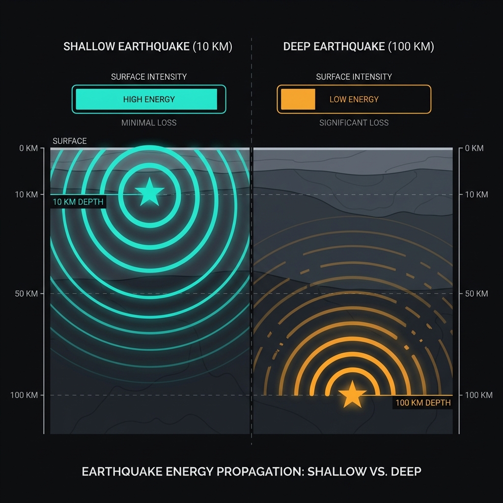 Diagram comparing energy propagation from shallow 10km depth versus deeper earthquakes