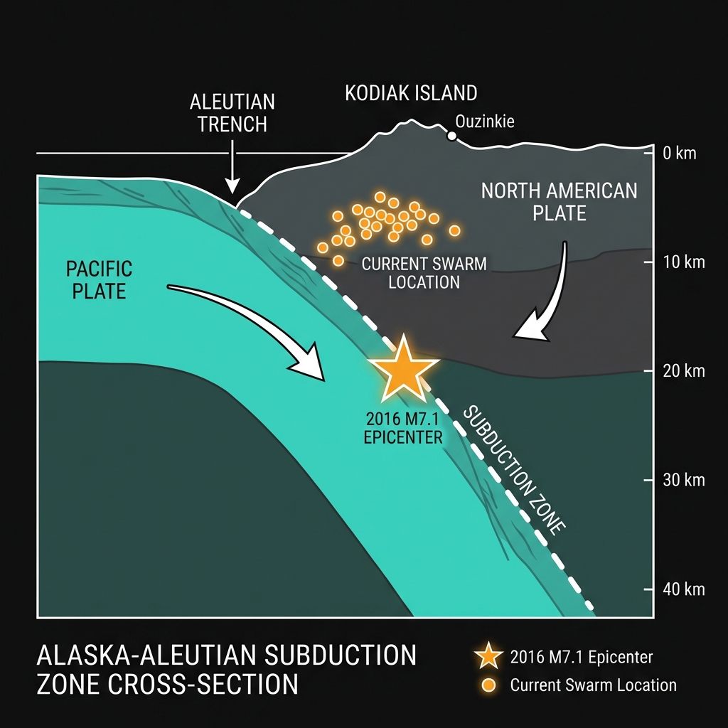 Cross-section diagram of the Alaska-Aleutian Subduction Zone showing Pacific Plate subducting beneath North American Plate with marked locations of 2016 earthquake and current swarm