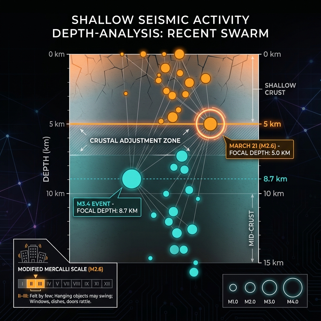 Depth chart showing the 23-earthquake swarm near Kodiak Island, highlighting the shallow 5km depth of recent seismic activity