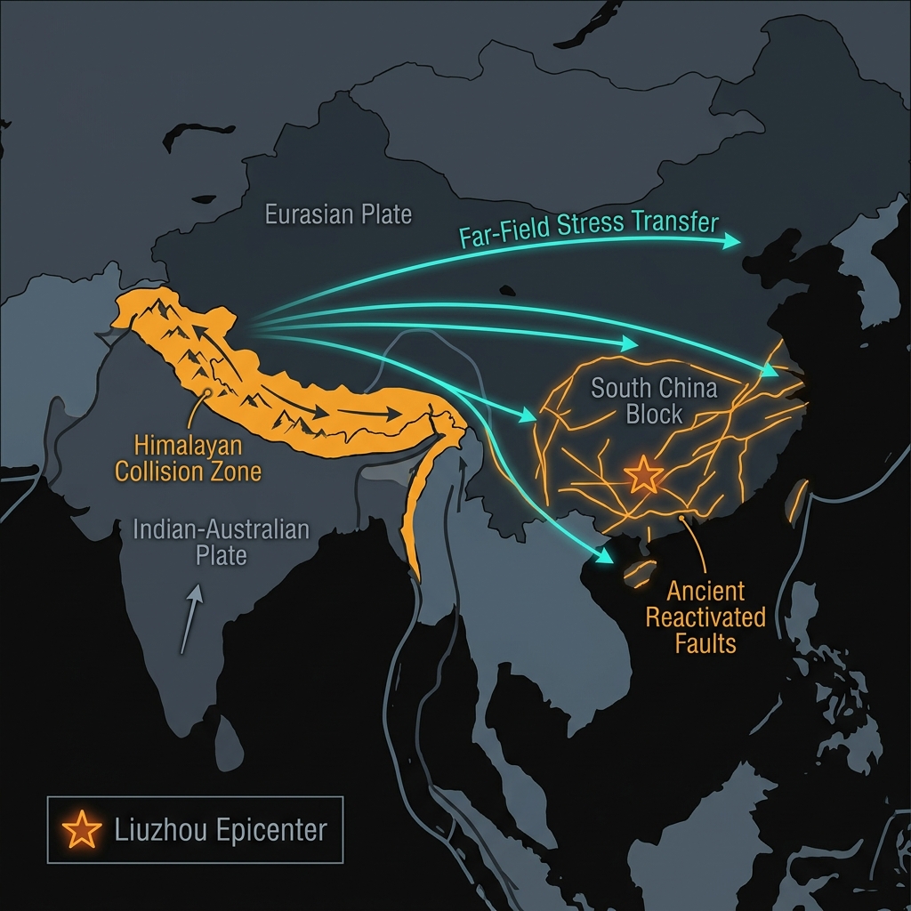 Tectonic diagram showing how Himalayan collision stress transfers to reactivate ancient faults near Liuzhou
