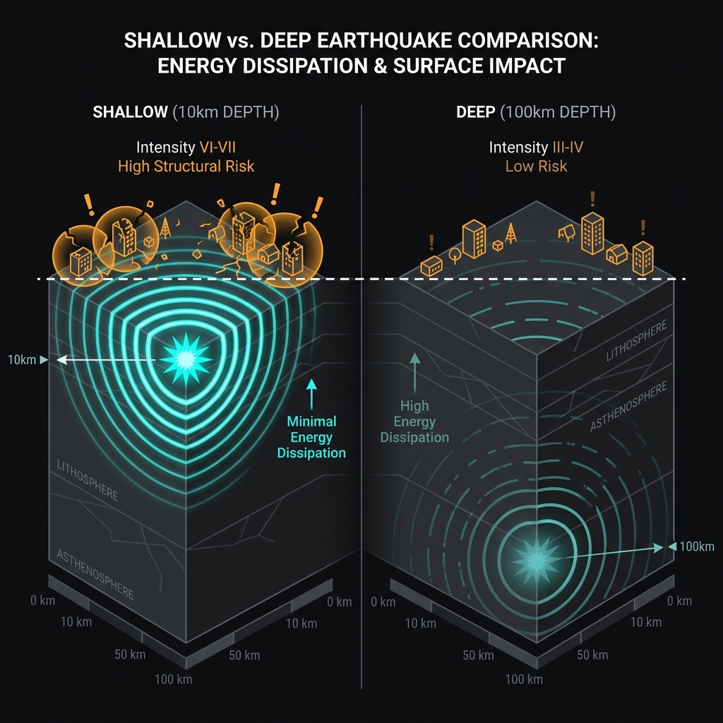 Diagram comparing shallow 10km and deep 100km earthquakes showing energy dissipation and structural risk differences