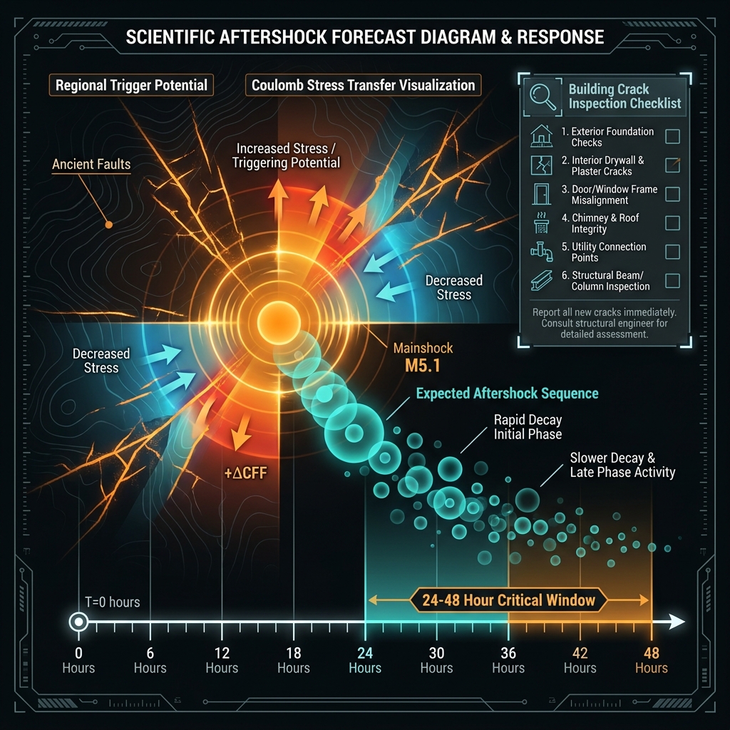 Diagram showing expected aftershock sequence and stress transfer to nearby faults following the mainshock