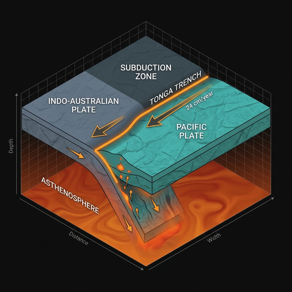 Diagram showing the Pacific Plate subducting beneath the Indo-Australian Plate at the Tonga Trench with convergence arrows
