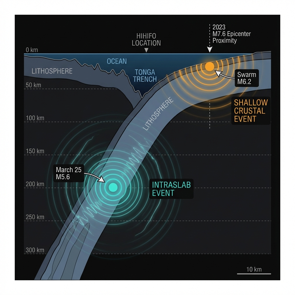 Cross-section diagram comparing the 198km deep earthquake versus shallow 10km earthquake in the subducting Pacific Plate