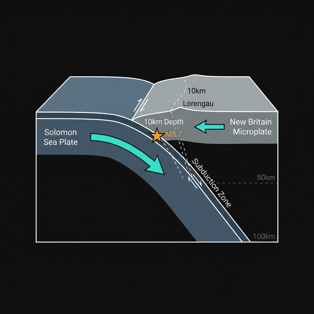 Tectonic diagram showing the Solomon Sea Plate subducting beneath the New Britain microplate with the shallow earthquake epicenter marked