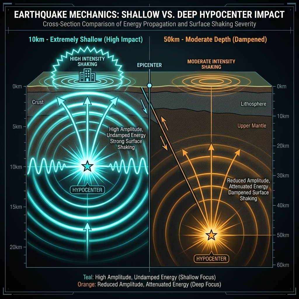 Diagram comparing seismic wave propagation from 10km shallow versus 50km deep earthquakes, showing greater surface impact from shallow depth