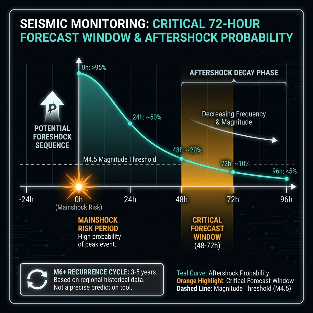 Timeline infographic showing 72-hour aftershock probability forecast with M4.5+ threshold and foreshock warning indicators