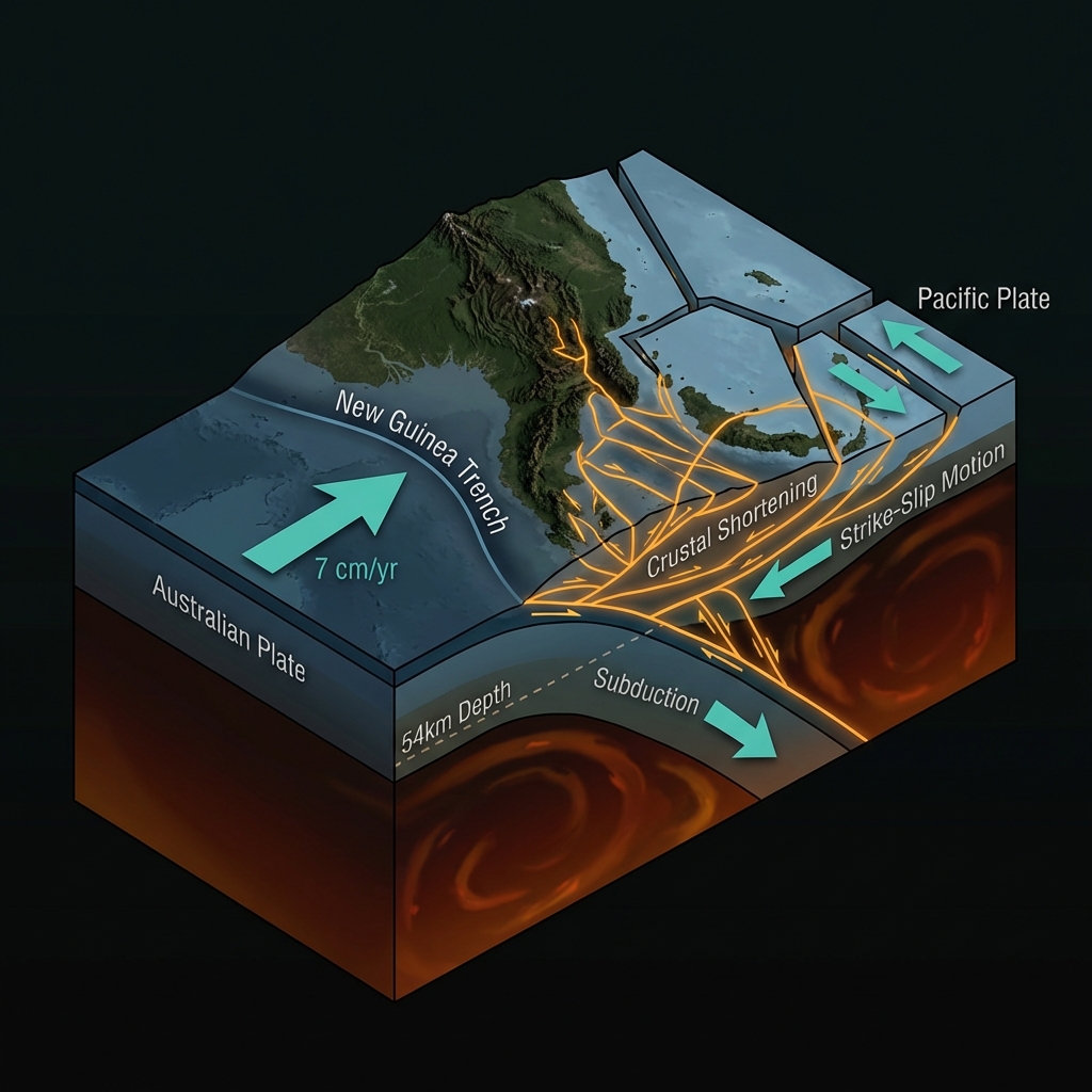 Diagram showing the collision of Australian and Pacific tectonic plates beneath New Guinea with fault systems marked