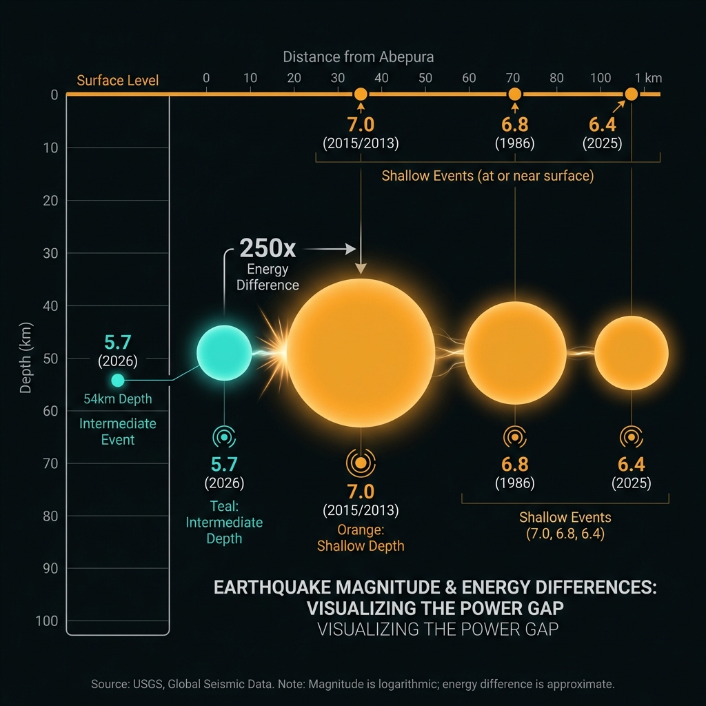 Infographic comparing the 2026 earthquake's magnitude and depth to previous major events in the region showing energy differences