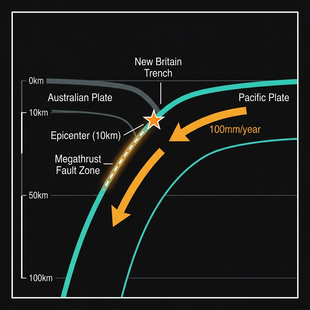 Diagram showing the Pacific Plate subducting beneath the Australian Plate at the New Britain Trench with epicenter marked