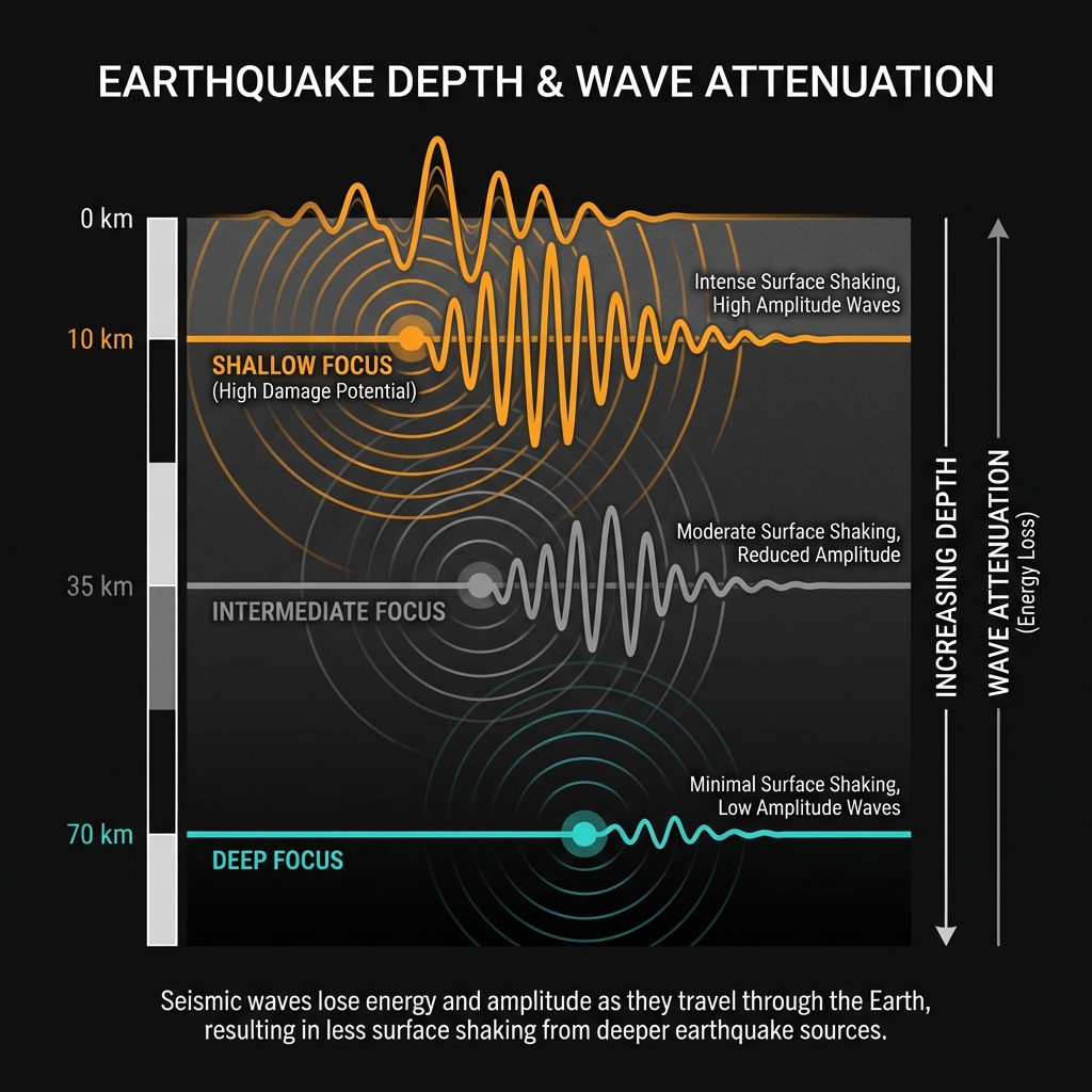 Diagram comparing seismic wave intensity at different earthquake depths showing stronger surface shaking from shallow events