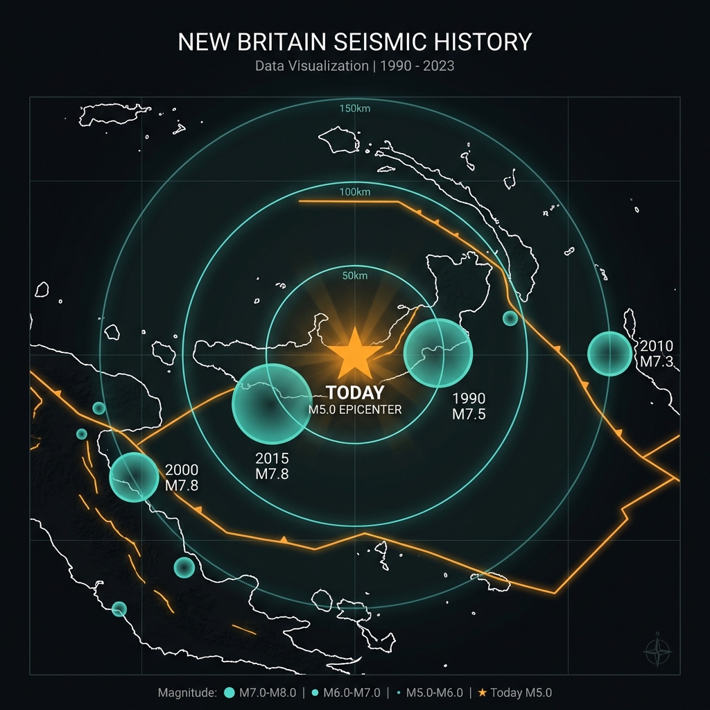 Map showing today's epicenter relative to historical megathrust earthquakes in the New Britain region with distance rings