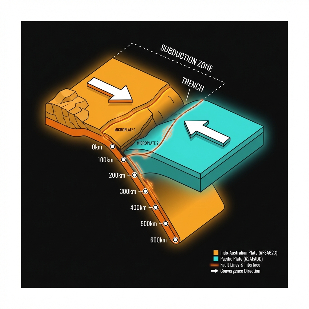 Diagram showing the Indo-Australian Plate subducting beneath the Pacific Plate at the convergent boundary near Papua