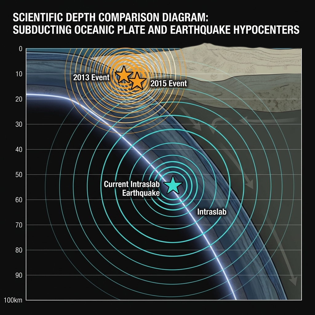 Diagram comparing shallow 2013/2015 earthquakes with the deeper 54km intraslab earthquake, showing different wave propagation patterns