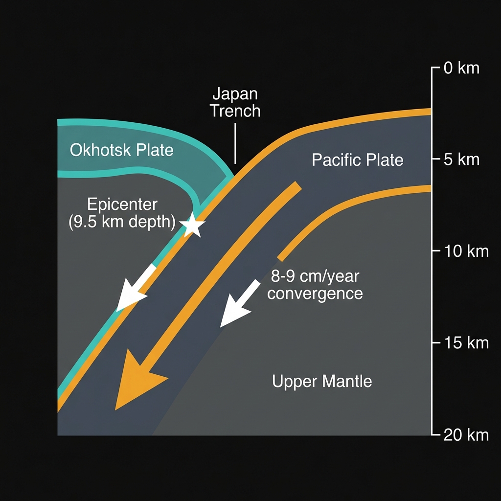 Diagram showing the Japan Trench subduction zone with the Pacific Plate diving beneath the Okhotsk Plate and the shallow epicenter location