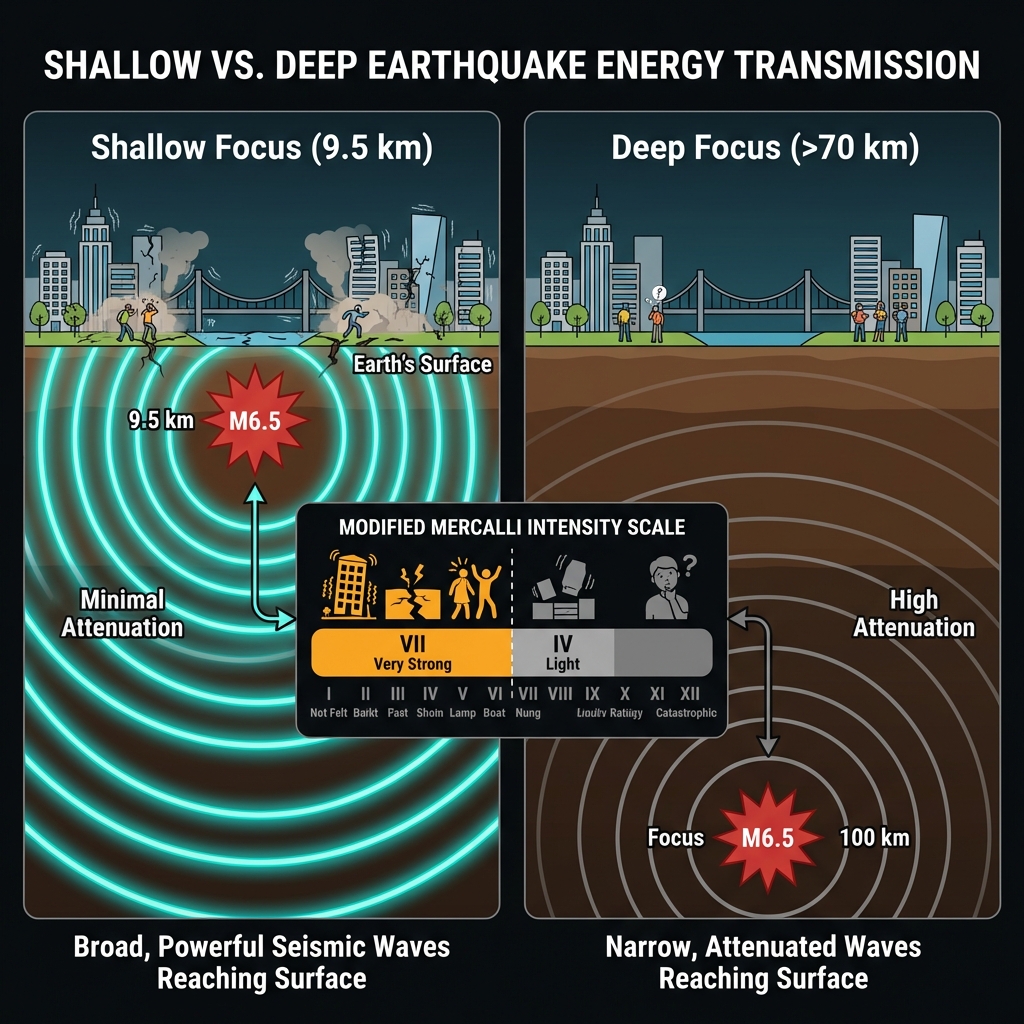 Diagram comparing how shallow earthquakes transmit more intense energy to the surface compared to deep earthquakes
