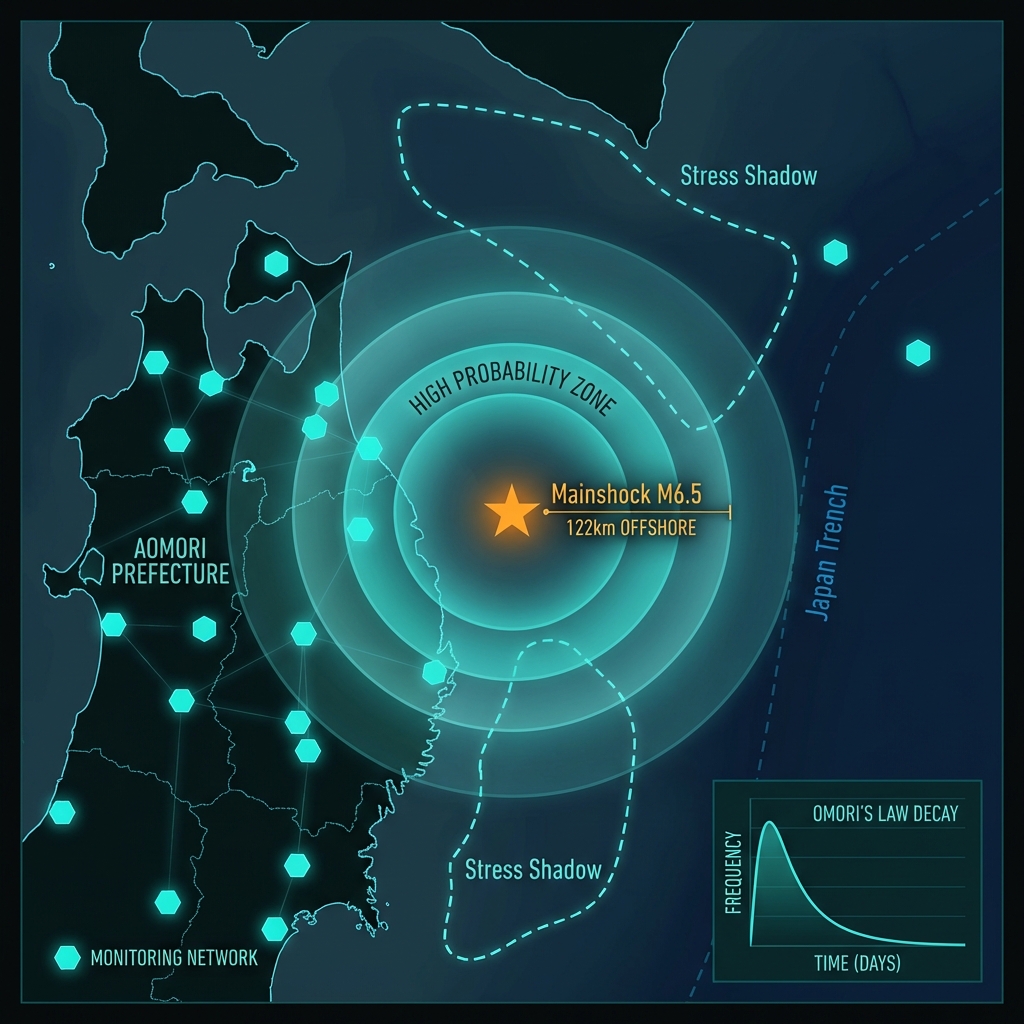 Map showing aftershock probability zones off the coast of Aomori Prefecture with monitoring station locations