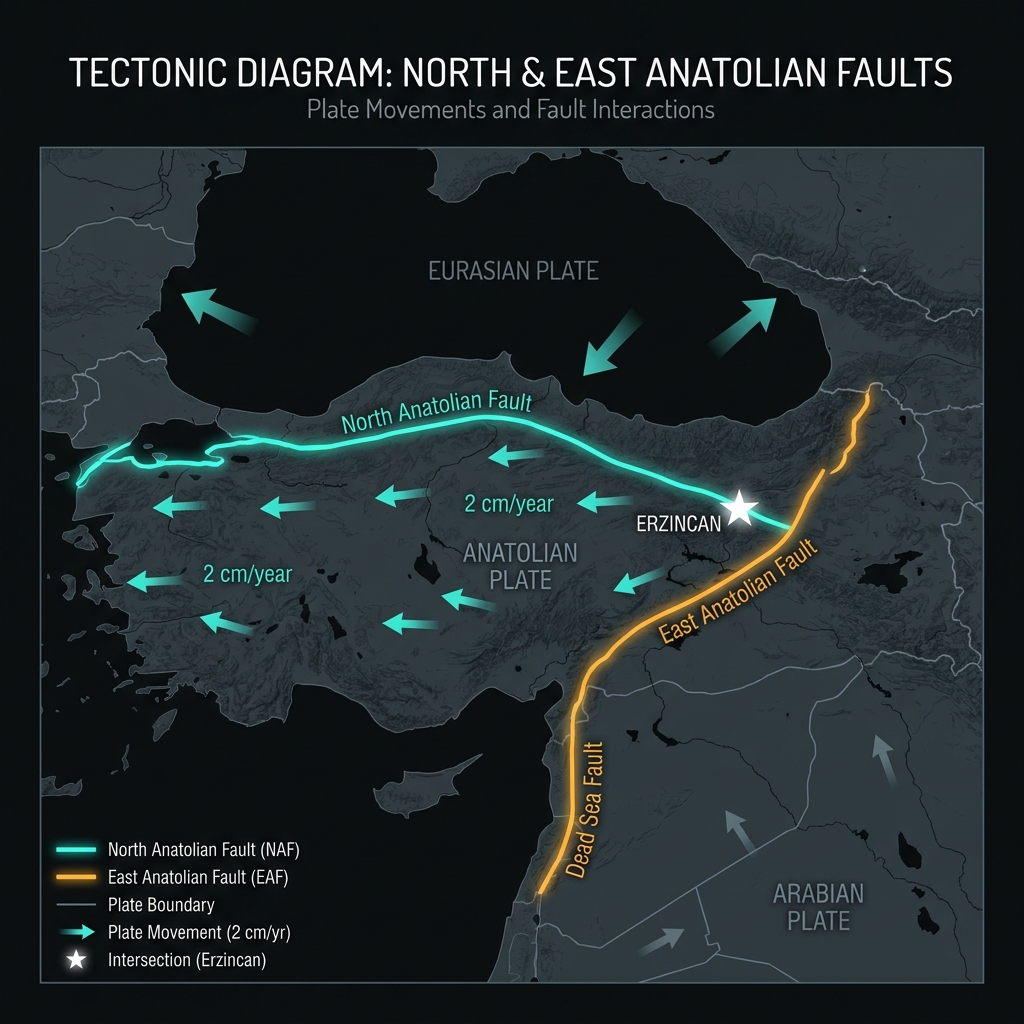 Tectonic map showing the North and East Anatolian Faults and plate movements