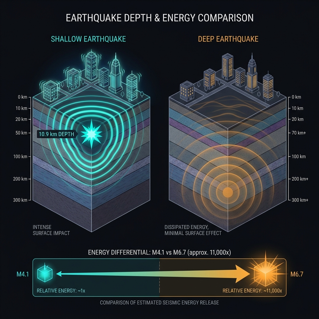 Diagram comparing shallow versus deep earthquake energy transmission to the surface
