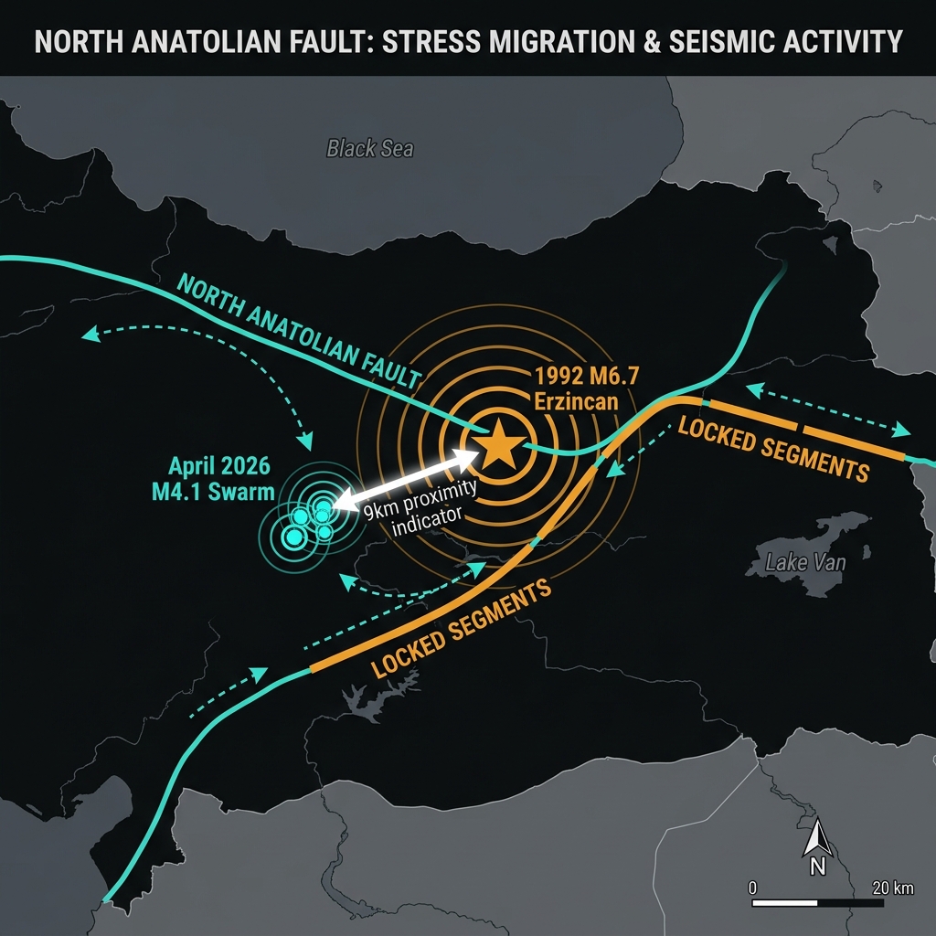 Map showing proximity of the 2026 swarm to the 1992 earthquake epicenter along the North Anatolian Fault