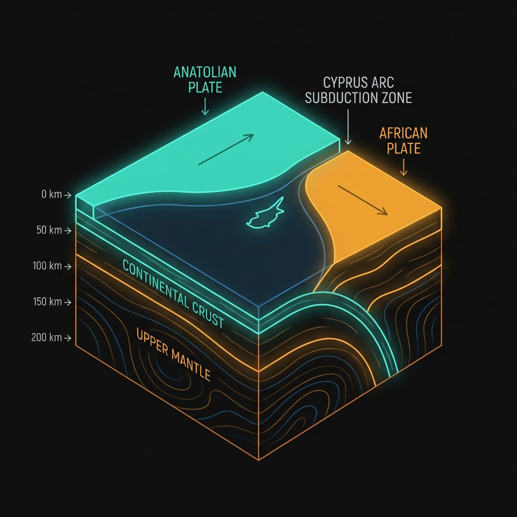 Diagram showing the collision between the Anatolian and African tectonic plates along the Cyprus Arc subduction zone