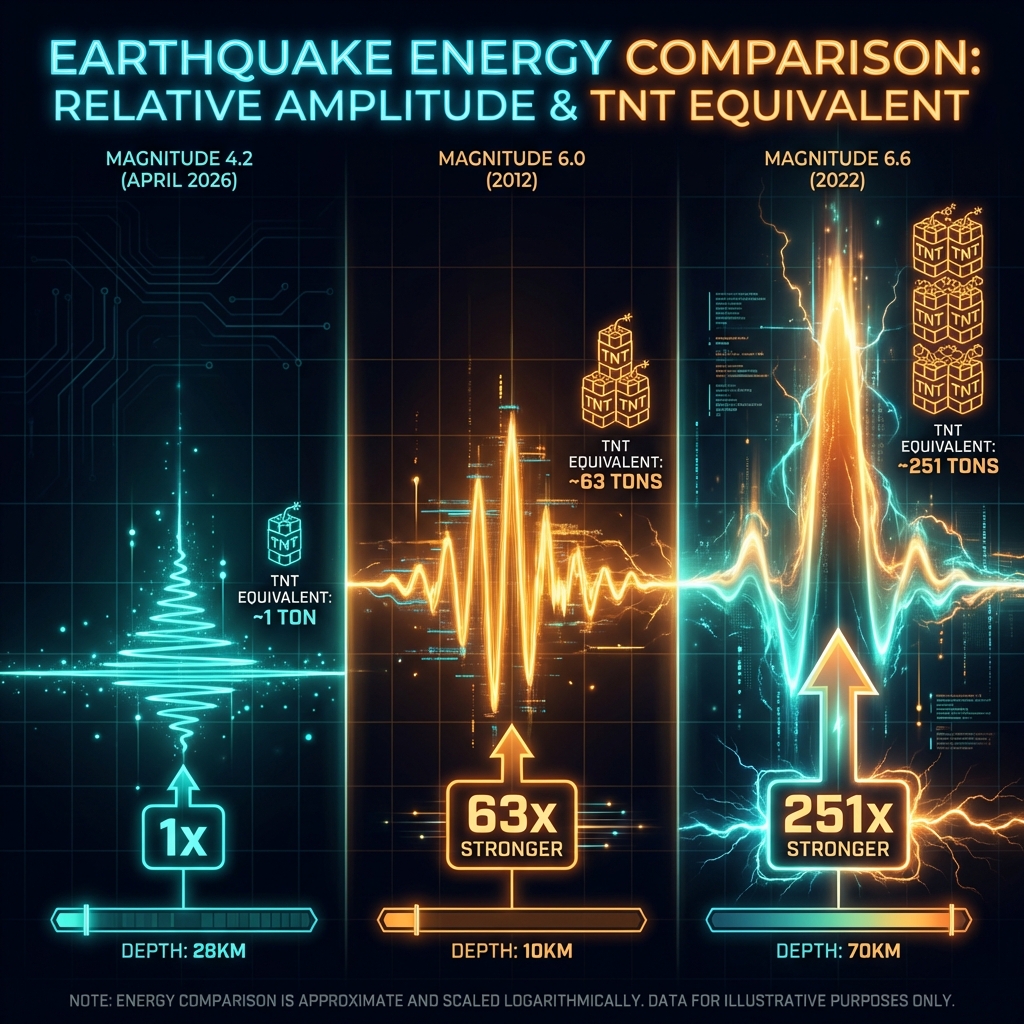 Comparative diagram showing relative energy release between the 2026 swarm event and the 2012 and 2022 historical earthquakes