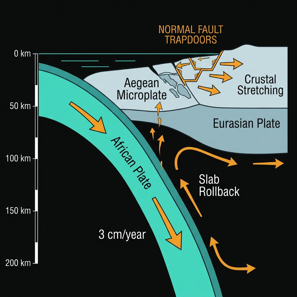 Cross-section diagram showing the African Plate subducting beneath the Eurasian Plate, creating normal faults in the Aegean microplate through slab rollback