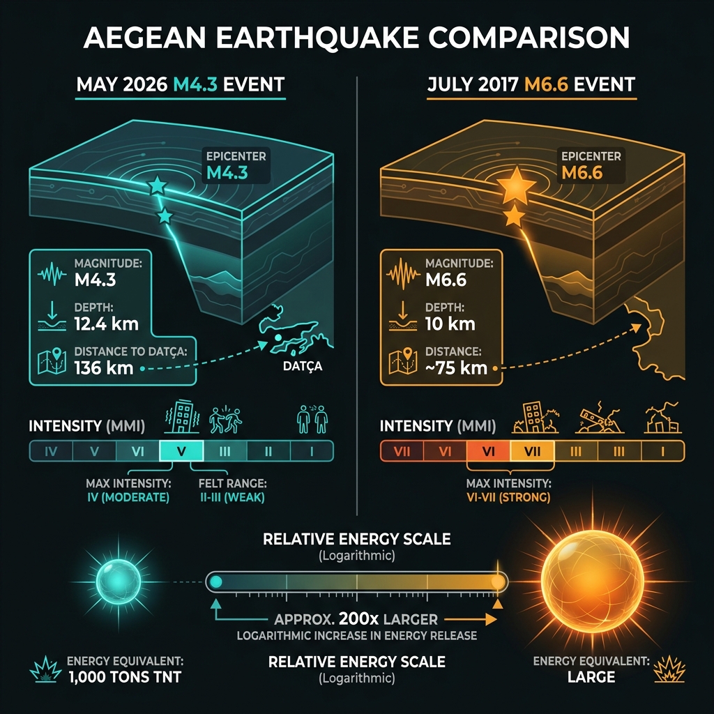 Comparison diagram showing the May 2026 magnitude 4.3 earthquake versus the July 2017 magnitude 6.6 event, illustrating differences in depth, distance, energy release, and shaking intensity
