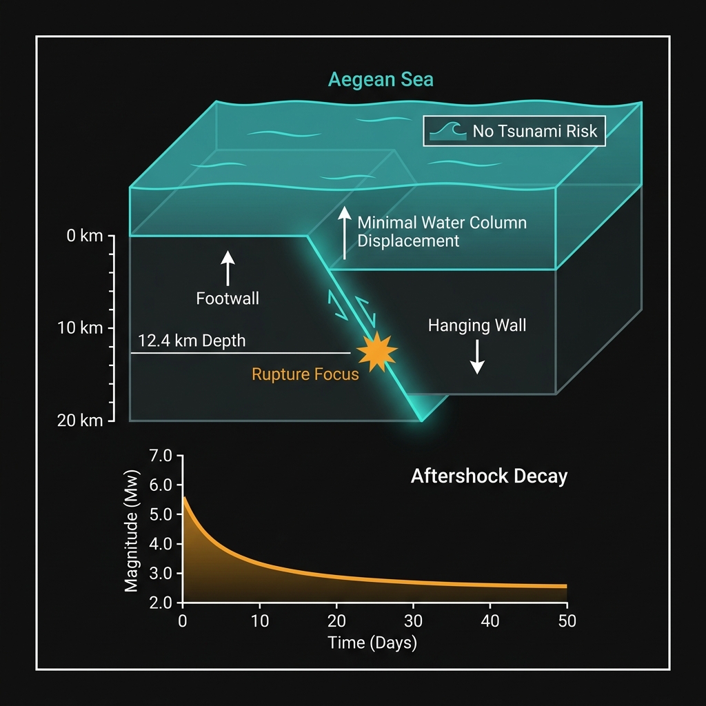 Diagram explaining normal faulting at 12.4km depth, showing why no tsunami was generated and illustrating typical aftershock decay patterns
