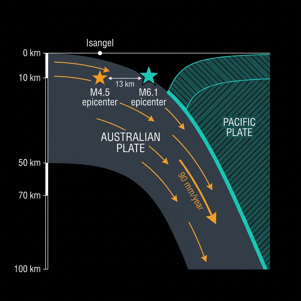 Cross-section diagram showing the New Hebrides Trench subduction zone with the Australian Plate descending beneath the Pacific Plate, marking the 10km depth of the M4.5 earthquake epicenter