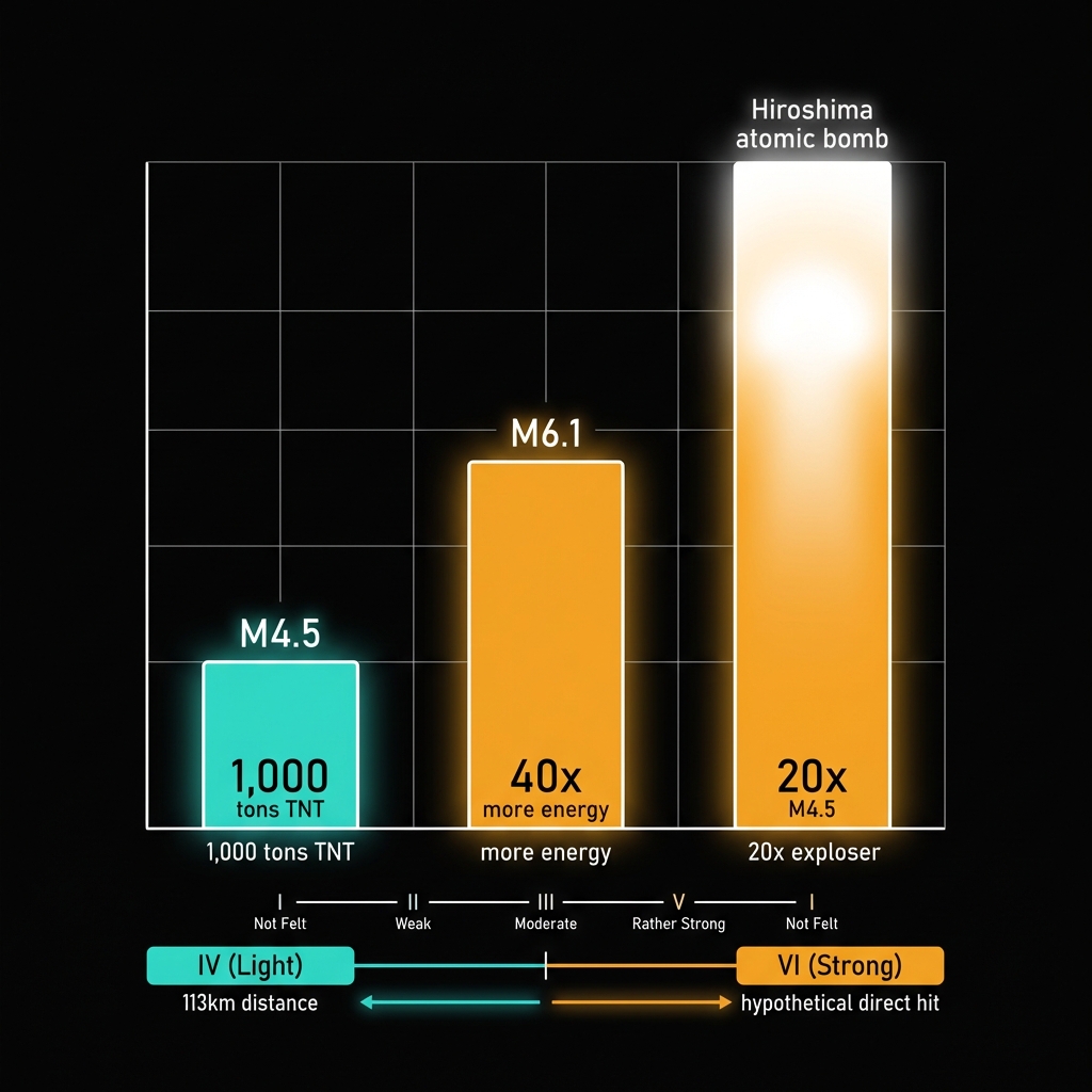 Infographic comparing earthquake energy release showing M4.5 versus M6.1 magnitudes and Hiroshima bomb equivalent, with Modified Mercalli Intensity scale correlations