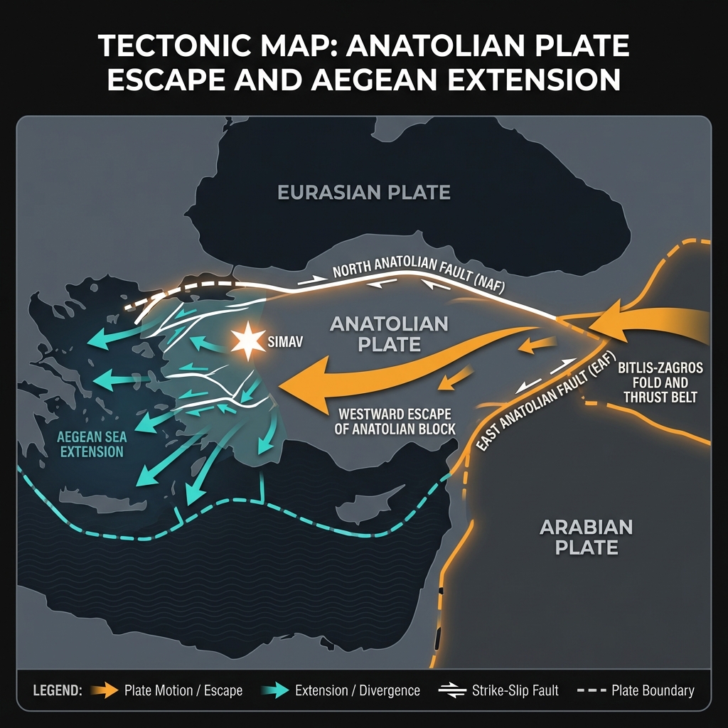 Tectonic map showing the Anatolian plate between Eurasian and Arabian plates with directional force arrows