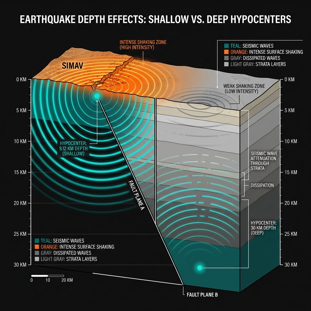 Diagram comparing shallow versus deep earthquake hypocenters and their surface shaking intensity