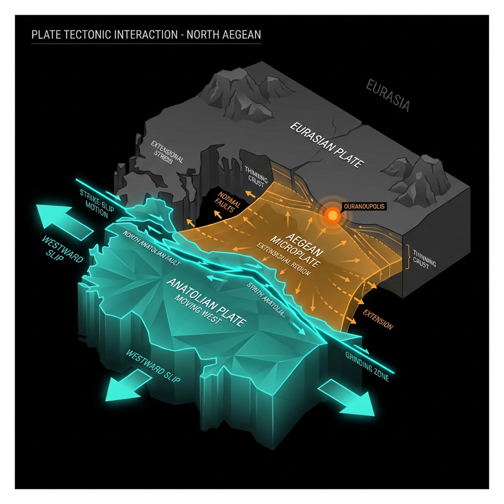 Diagram showing the interaction of the Anatolian, Eurasian, and Aegean plates with fault lines near Ouranoupolis
