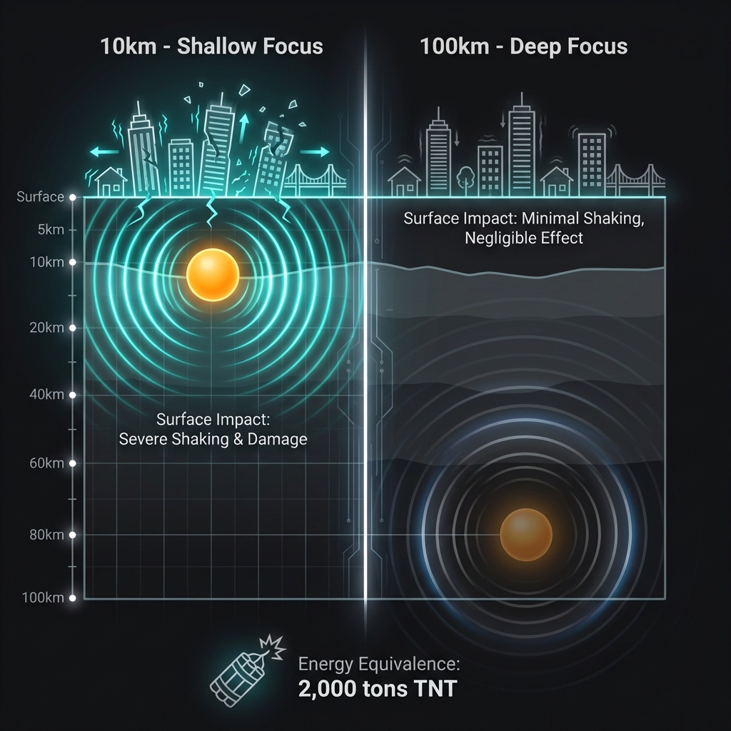 Diagram comparing seismic wave propagation from 10km versus 100km depth showing how shallow earthquakes cause stronger surface shaking