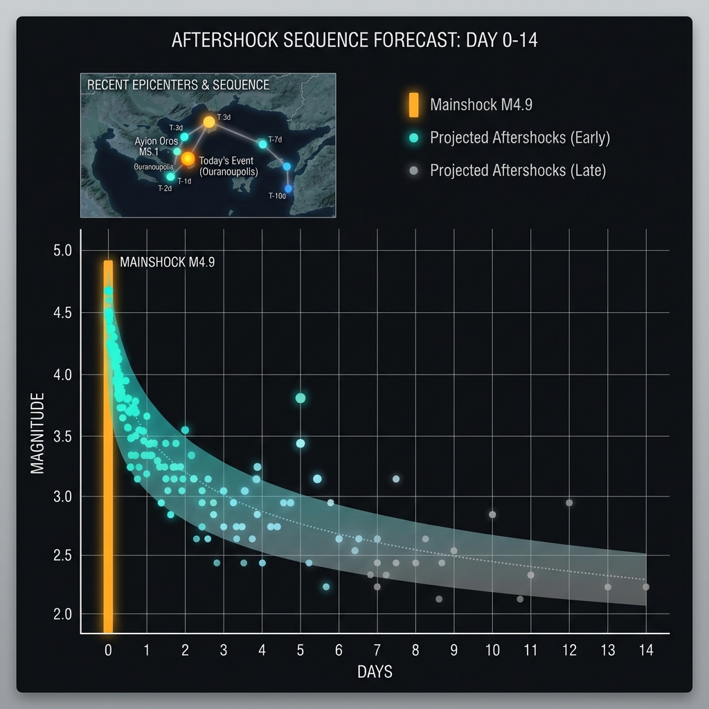 Chart showing predicted aftershock decay and recent seismic swarm locations in the North Aegean region