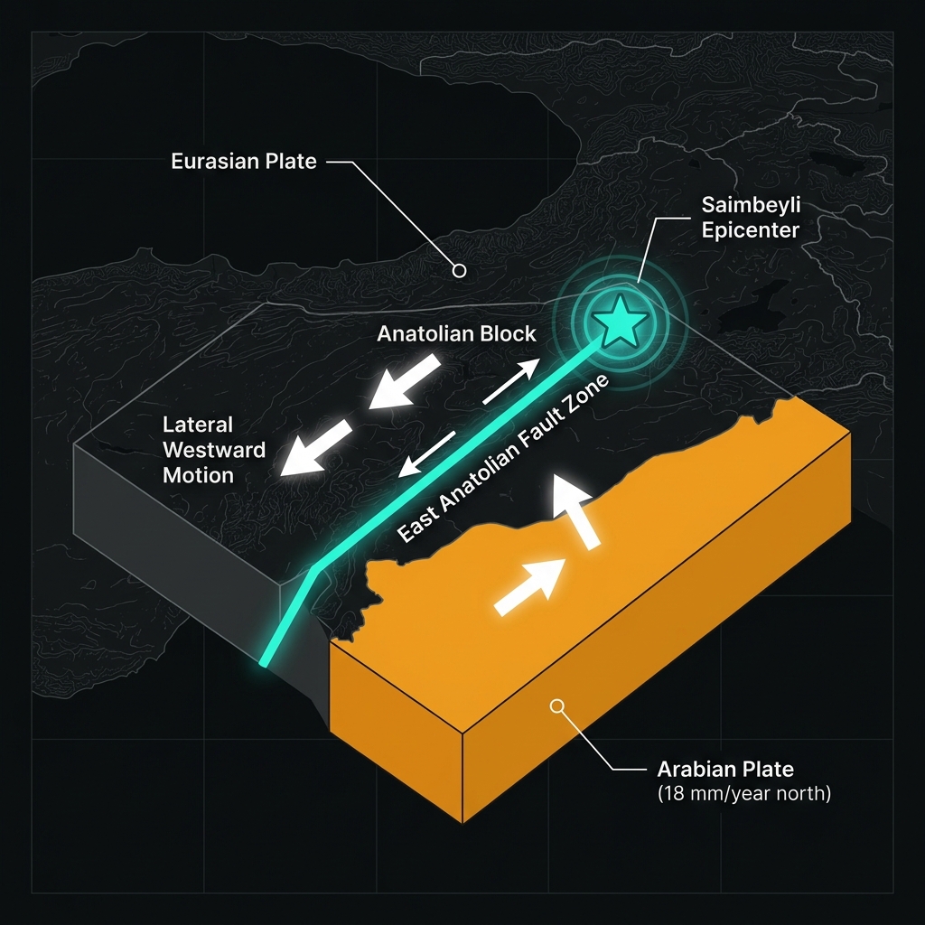 Tectonic map showing the Arabian Plate colliding with Eurasia along the East Anatolian Fault Zone near Saimbeyli