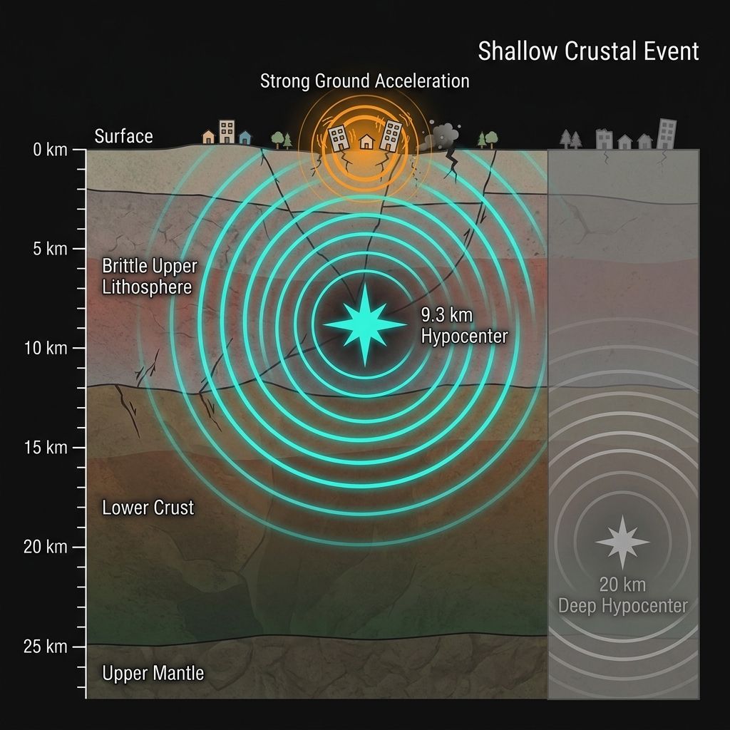 Cross-section diagram comparing shallow versus deep earthquake hypocenters and their surface impact intensity