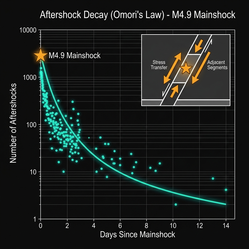 Graph showing typical aftershock decay curve following a magnitude 4.9 earthquake over a two-week period