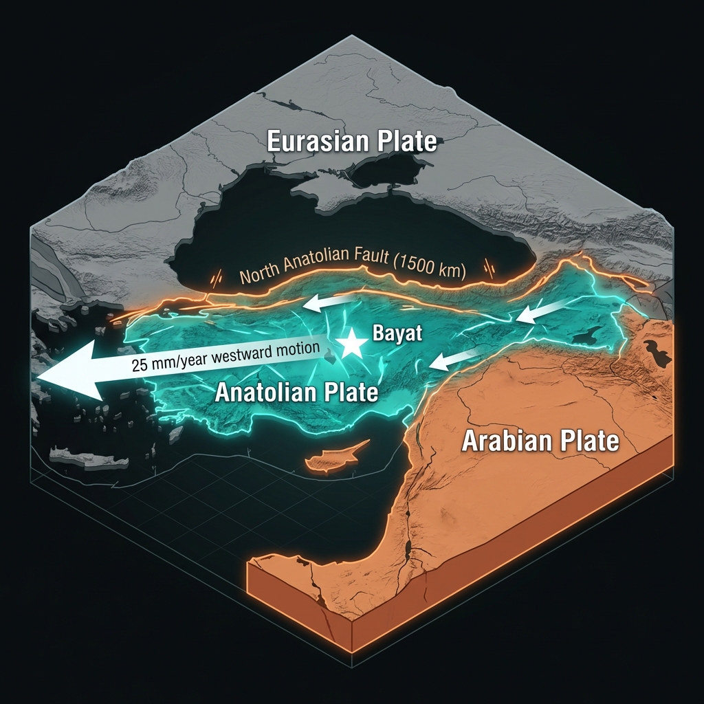 Diagram showing the Anatolian Plate between Eurasian and Arabian plates with directional arrows indicating tectonic movement