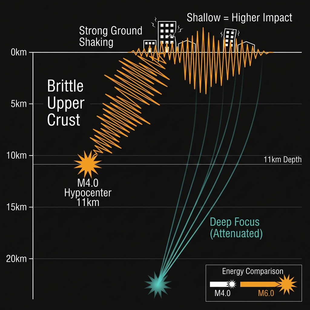 Cross-section diagram showing the 11km depth of the earthquake and how seismic waves travel to the surface compared to deeper earthquakes