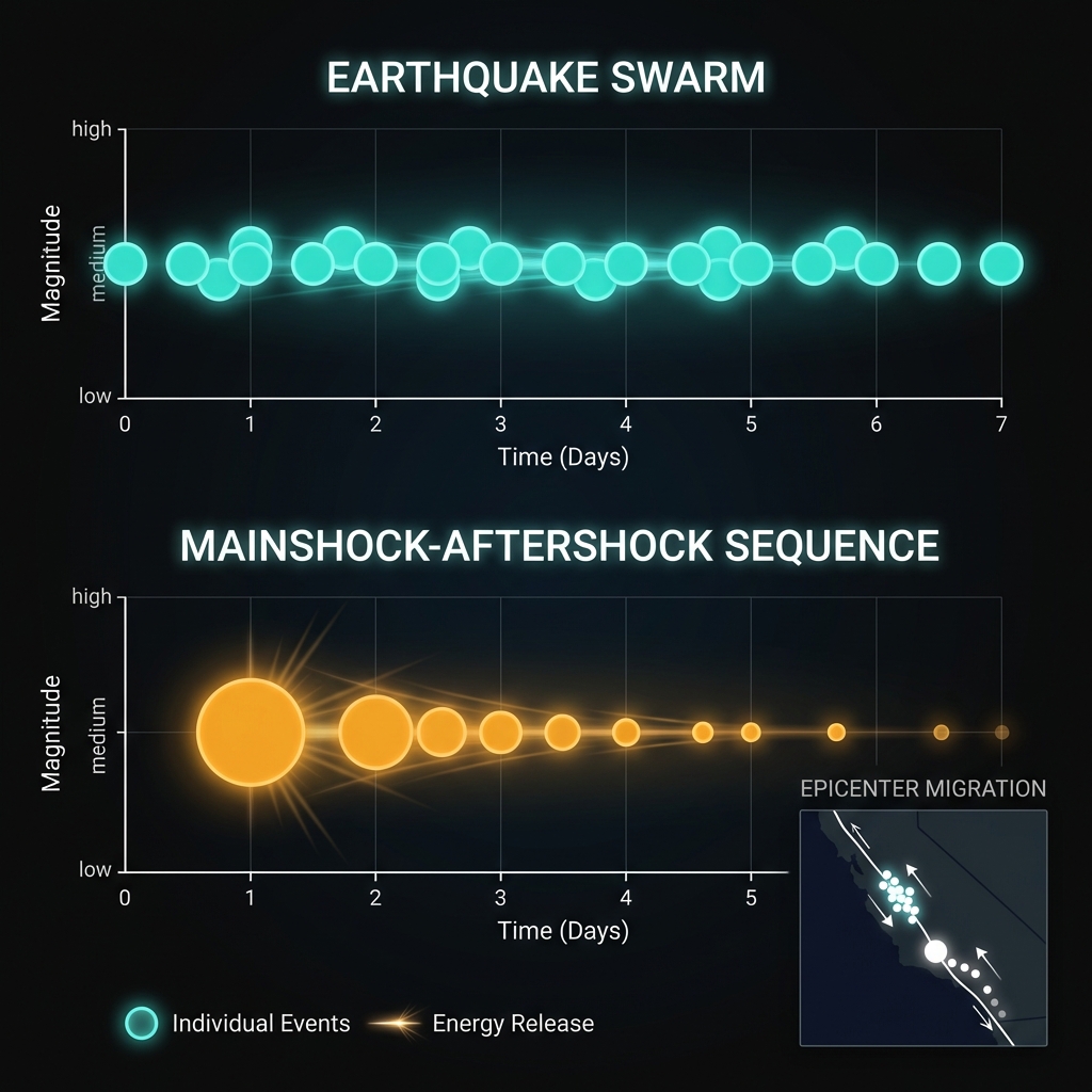 Diagram comparing earthquake swarm patterns with mainshock-aftershock sequences showing event distribution over time
