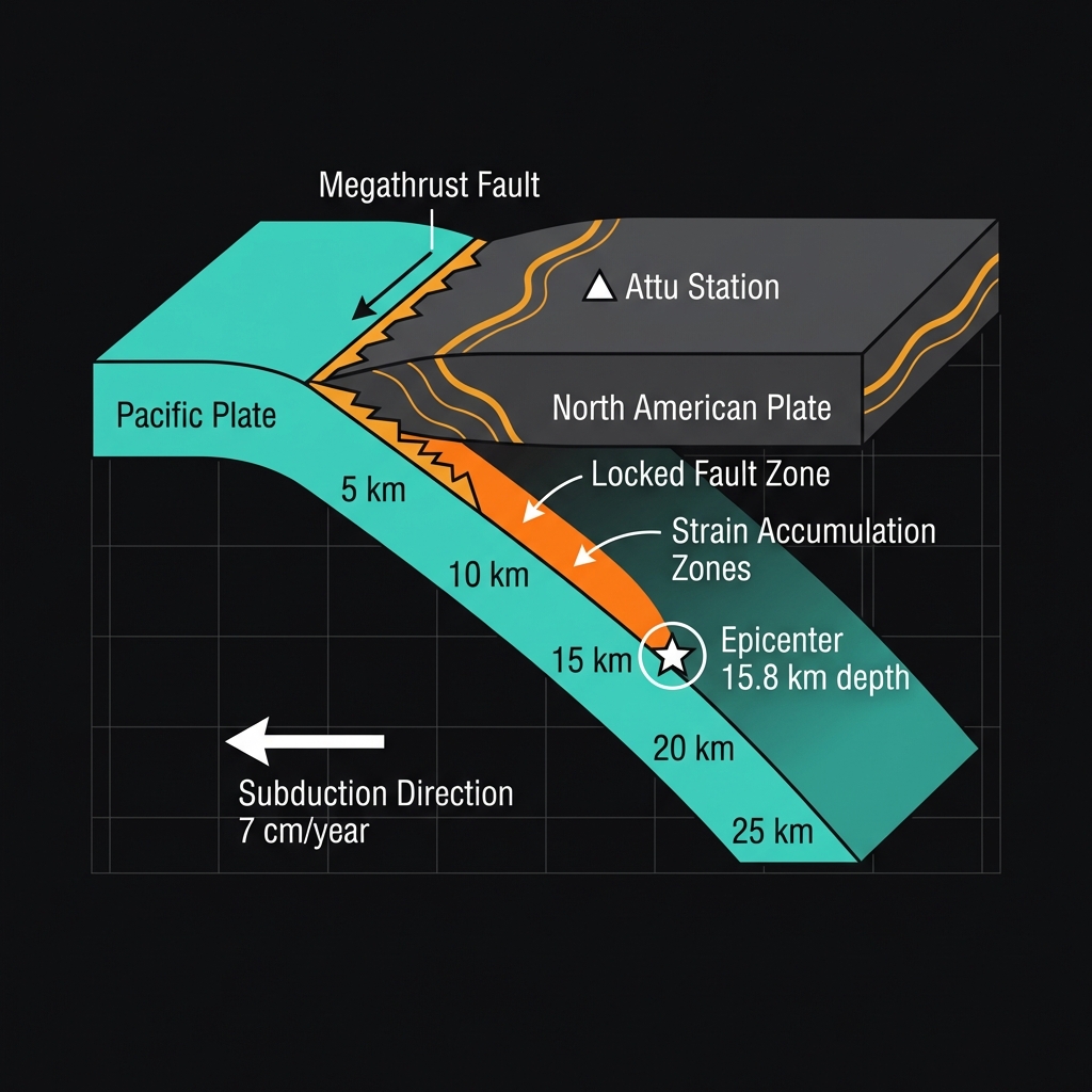 Cross-section diagram showing the Pacific Plate subducting beneath the North American Plate at the Rat Islands