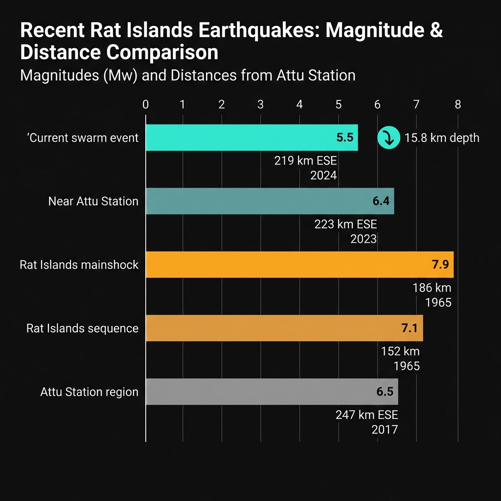 Bar chart comparing magnitudes and distances of significant earthquakes near Attu Station from 2003 to 2026