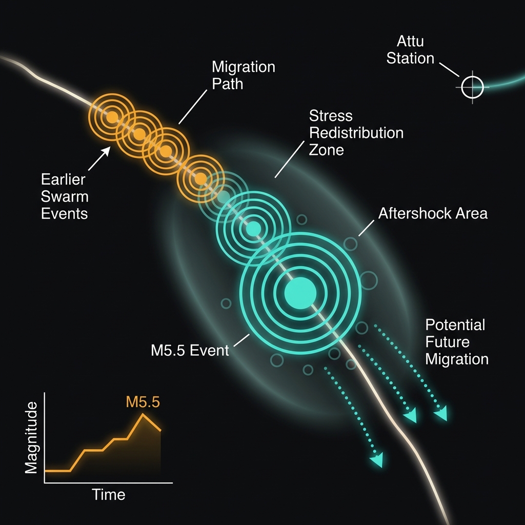 Diagram illustrating earthquake swarm migration patterns and stress redistribution along the Rat Islands subduction zone