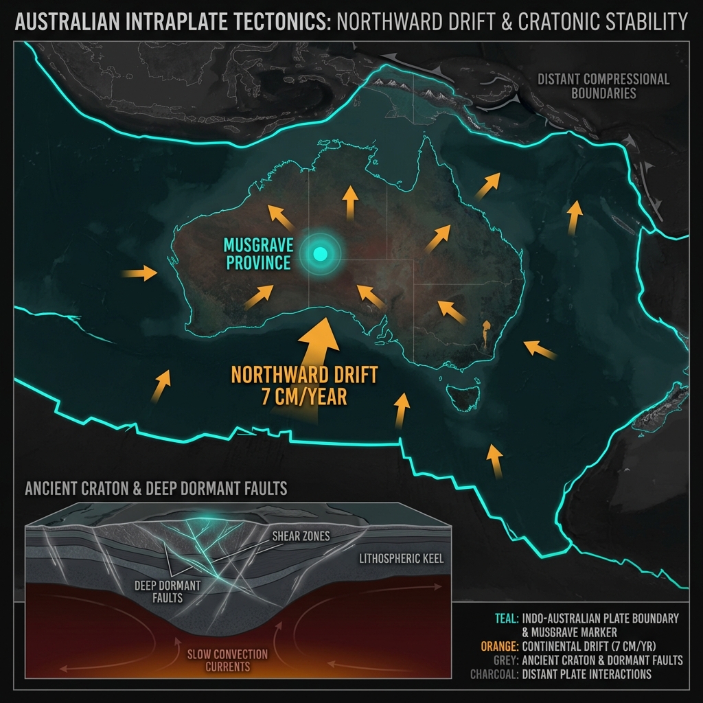 Diagram showing Australia's position on the Indo-Australian Plate with stress arrows and the Musgrave Province location