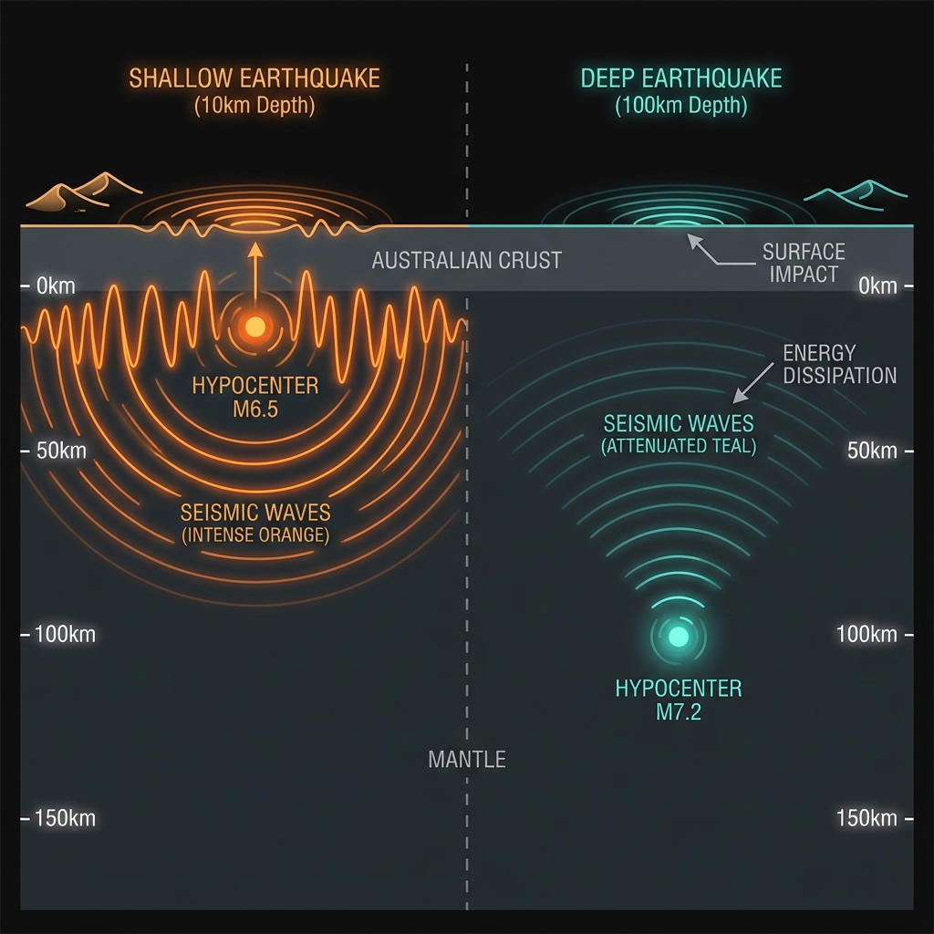 Cross-section diagram comparing shallow versus deep earthquake energy transmission through Earth's crust