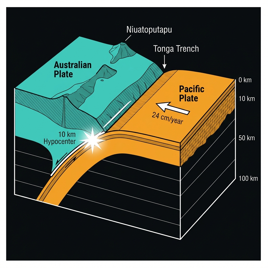 Cross-section diagram of the Tonga-Kermadec subduction zone showing the Pacific Plate subducting beneath the Australian Plate with the 10 km hypocenter marked.