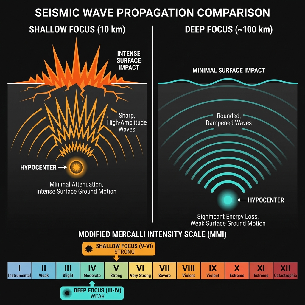 Diagram comparing seismic wave intensity from shallow versus deep earthquakes, illustrating why the 10 km depth resulted in stronger surface shaking.